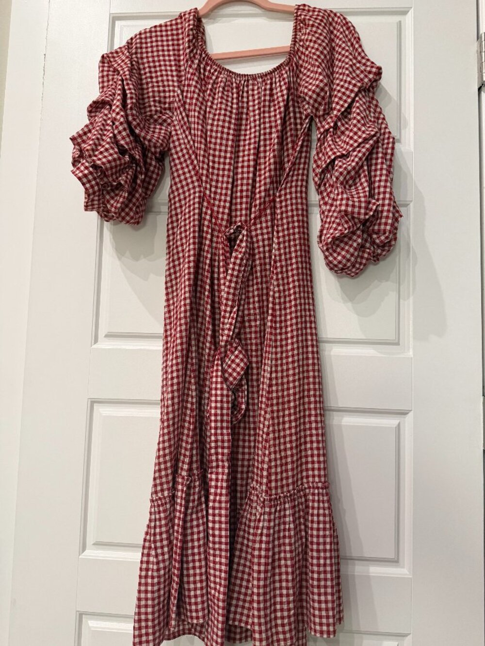 Zara Red Gingham Ruffle Sleeve Tiered Midi Maxi Dress (Medium)